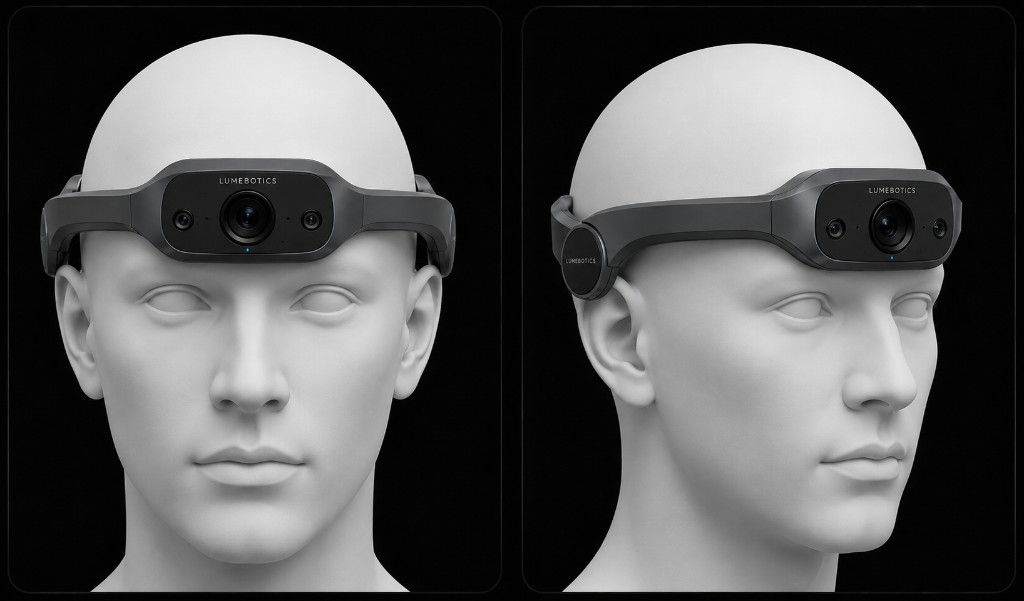 Lume Ego head-mounted capture device — front and three-quarter views