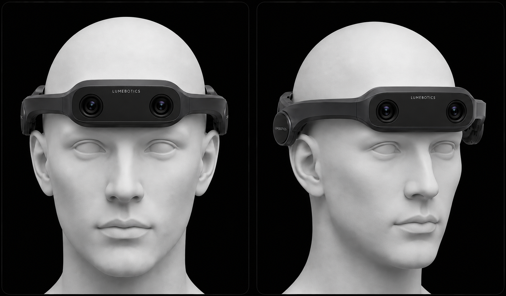 Lume Ego head-mounted capture device with dual binocular cameras — front and three-quarter views